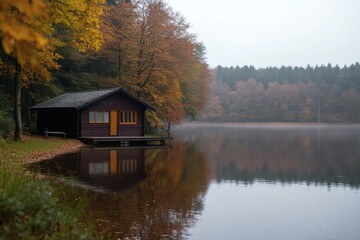 Obraz premium Rustic cabin by a serene lake surrounded by autumn foliage in the early morning mist Generative AI