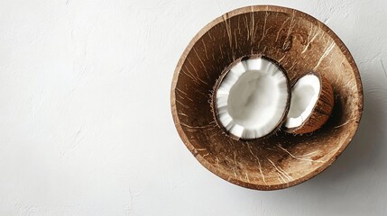Two halves of coconut in bowl on white.  Food photography, recipe blog