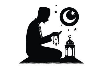 Silhouette of a Devout Individual Praying on Mat with Crescent Moon and Stars, Spiritual Serenity
