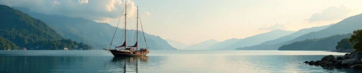 Small sailboat with three mast anchored at lake shore, scenery, nature