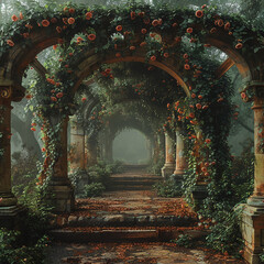Obraz premium Walking Through Rose Covered Stone Arches in a Misty Garden Path