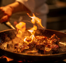  Searing Meat Over Open Flames in a Hot Pan