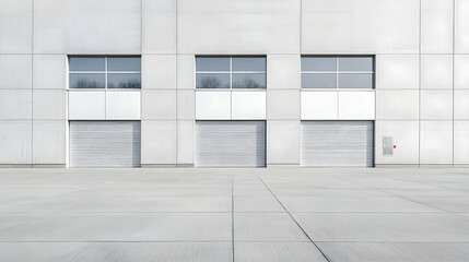 Obraz premium Exterior View Of Modern Industrial Building With Gray Concrete Walls And Sectional Doors
