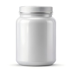 Empty glass jar with white plastic lid isolated on white background. File contains clipping path. Full depth of field.
