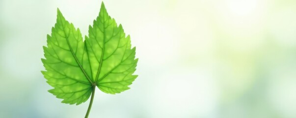 Fototapeta na wymiar Delicate green leaf on a soft white background with subtle gradient, light gray tones, leafy foliage, foliage
