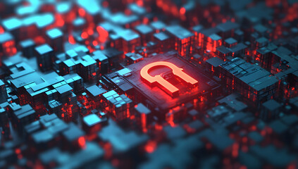 Glowing Red Symbol on Futuristic Circuit Board Abstract 3D Render
