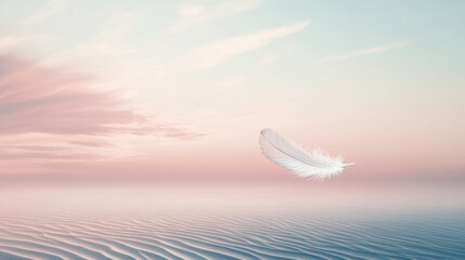 Light feather floating over rippled sand dunes at sunset. conceptual image, psychological, eternal themes, calm and tranquility