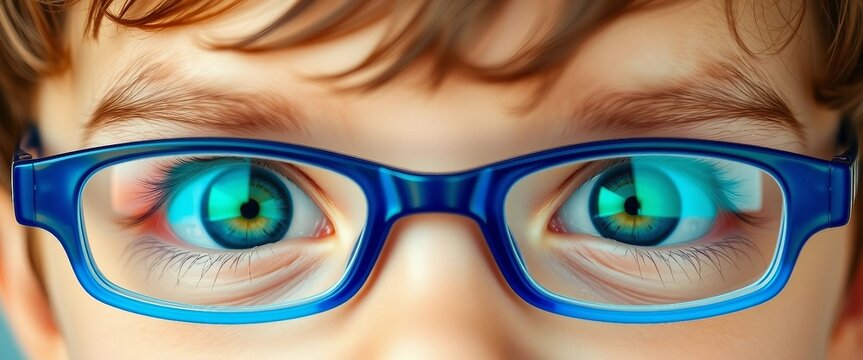 Kinder mit blauen Brillenrahmen in Nahaufnahme. Ihre neugierigen Augen spiegeln das Licht wider, w&auml;hrend sie aufmerksam beobachten. Die Szene strahlt Intelligenz und Neugier aus