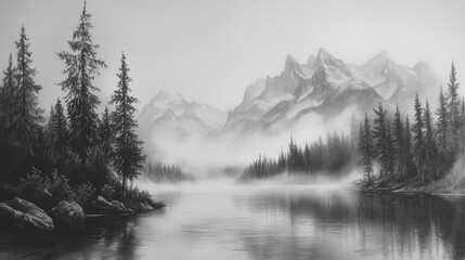 Fototapeta premium A charcoal sketch of a secluded mountain lake, mist rising from the surface, surrounded by towering pine trees.