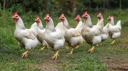 Fototapeta premium White chickens walking on grass, rural background, farm scene, stock photo