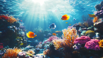Obraz premium Underwater Wonderland: A vibrant underwater world teeming with life, featuring a colorful coral reef and diverse marine fish, illuminated by sunbeams filtering through the ocean.