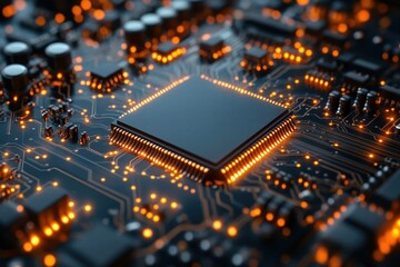Detailed view of a microchip on a circuit board with illuminated connections and components at nighttime