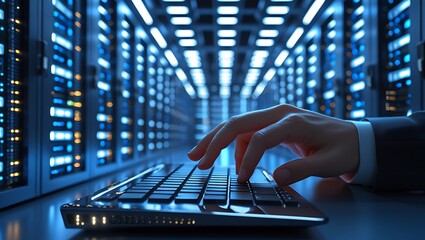 Digital Symphony: A hand navigates the illuminated keyboard in a data center, embodying the fusion of human intellect with cutting-edge technology.