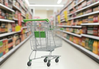 Empty shopping cart in a grocery store aisle, ready for shopping