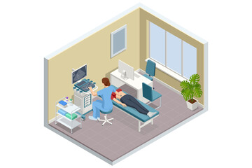 Isometric Ultrasound Examination. A nurse is performing an ultrasound scan on a female patient lying on an examination table. The monitor displays the results. Medical technology, modern healthcare