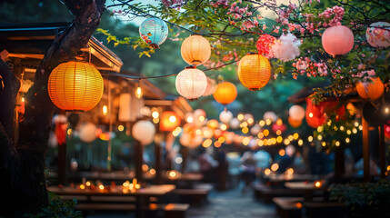 Colorful Hanging Lanterns In A Garden At Night