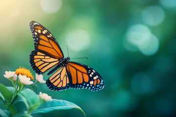 Fototapeta premium Elegant butterfly with orange and black wings resting on green leaves, web banner with copy space