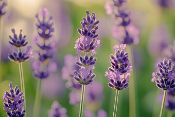 Obraz premium Lavender field in sunlight. Soft focus on vibrant purple blossoms