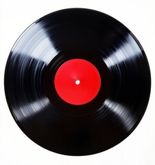 Vinyl Record with Red Label Black Music Disc on White Background