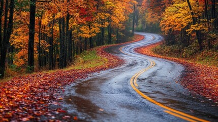 Obraz premium Winding road through autumn forest, rainy day. Travel postcard