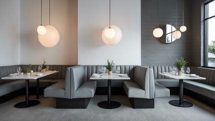 Aesthetic gradient white to gray themed restaurant interior concept
