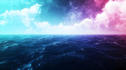 Fototapeta premium Vibrant Night Sea Horizon With Pink And Turquoise Clouds