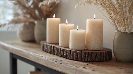 Rustic Wooden Console Table with Beige Candles and Greenery Enhancing a Cozy Modern Living Space