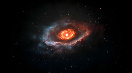 Vibrant Galaxy Ring Nebula With Red Orange Core Surrounded By Blue Hues Against Dark Black Cosmic Background