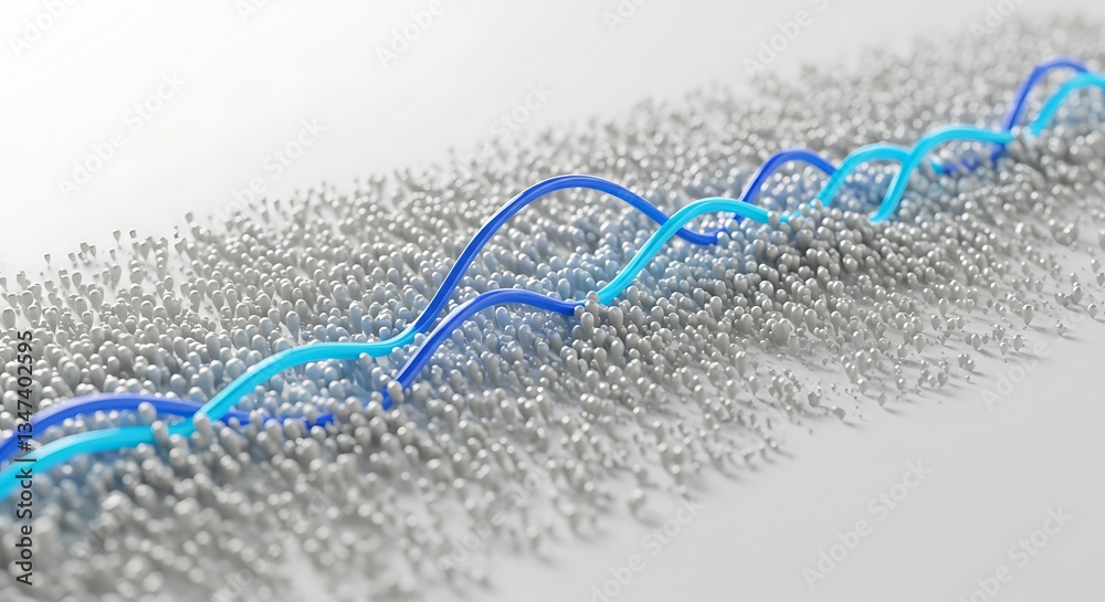 Poster blue wavy lines traversing granular field abstract connection concept 3d render