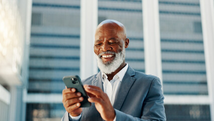 Texting, phone and business with black man in city for client email, networking app or urban...