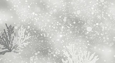 Obraz premium Delicate frosted white icy branches with soft shimmering bokeh and sparkling light particles, concept for winter holiday decoration, festive greeting card and serene natural background
