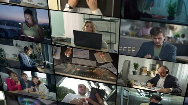 Video collage of different people working remotely. Work at a computer at home, via the Internet, business and finance video calls. High quality 4k footage