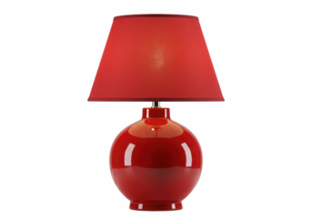 A red lamp with a conical lampshade on a round base against a dark transparent studio background lighting