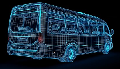 Wireframe Bus Model, Dark Background