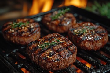 Grilling delicious steak patties with fresh herbs over an open flame during a summer evening barbecue gathering