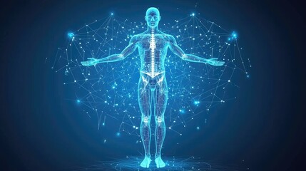 Human anatomy, digital illustration, futuristic design, background, medical visualization, use in scientific publication, educational materials