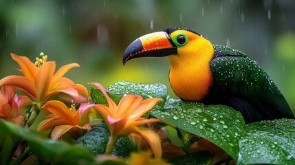 Obraz premium A vibrant toucan perched among lush foliage and colorful flowers, adorned with raindrops, showcasing a rich tropical environment.