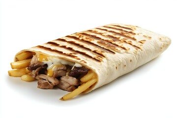 A french taco with a melted cheese sauce, a garlic sauce, french fries and chicken isolated on a white background