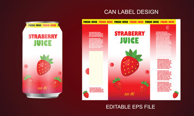 Strawberry juice can label design, Editable eps vector file, fruit juice can label design, strawberry drink label design, soft drink label design, soda can label design, can label
