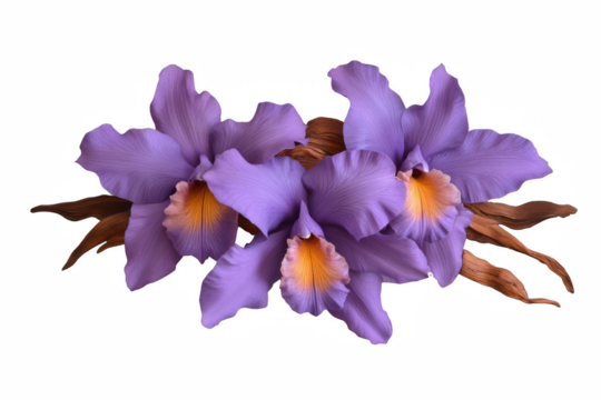 Three purple flowers are arranged in a vase. The flowers are purple and yellow, and they are arranged in a way that makes them look like they are growing out of a stem. The arrangement is simple