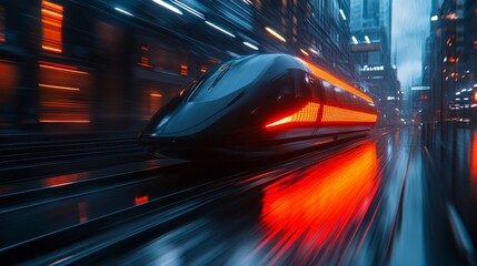 Fototapeta premium A futuristic train speeds through a rainy urban landscape, illuminated by vibrant lights, creating a dynamic and high-tech atmosphere.