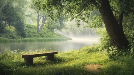 Obraz premium Misty morning riverside bench tranquil scenery