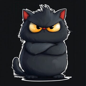 A cartoonish black cat with a grumpy expression, arms crossed, and striking yellow eyes, set against a dark background.