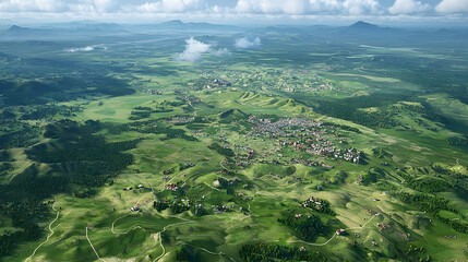 Aerial View Of A Lush Green Town Surrounded By Forest And Hills