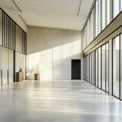 Obraz premium Spacious concrete floor inside a modern industrial building, ideal for a large factory, warehouse, storehouse, hangar, or manufacturing plant. Featuring a sleek interior with metal walls 