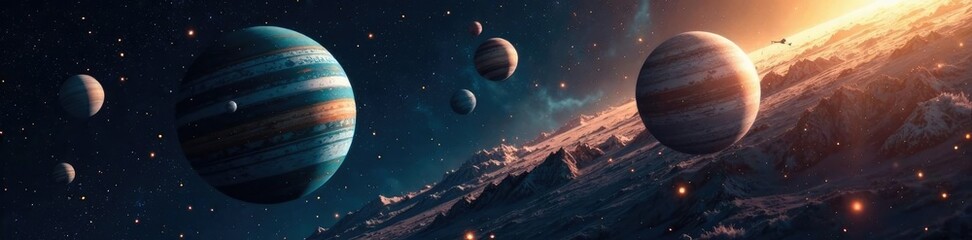 Space exploration badge with stars and planets in gold and silver colors, stars, sci-fi, space