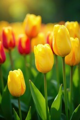 Obraz premium Colorful tulips sway gently in the breeze amidst lush green grass, yellow, tulips