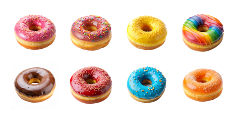 Collection of donuts, isolated on transparent background cutout - png - different flavors for  advertising design