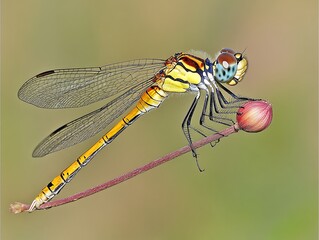 Vibrant Dragonfly on Blossom Stem.