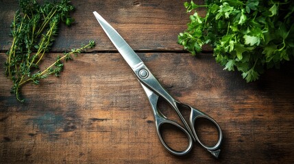Stainless steel kitchen shears resting on a rustic wooden table with fresh herbs.